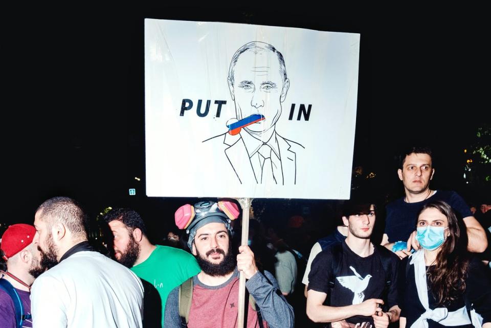 Protesters gathered in front of the Georgian parliament building in Tbilisi on May 1, 2024. (Patrick Wendt/@patrickwendt0815 via the Kyiv Independent)