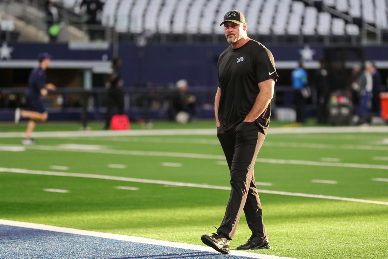 Detroit Lions head coach Dan Campbell walks on the field before the game vs. the Dallas Cowboys at AT&T Stadium in Arlington, Texas on Saturday, Dec. 30, 2023.