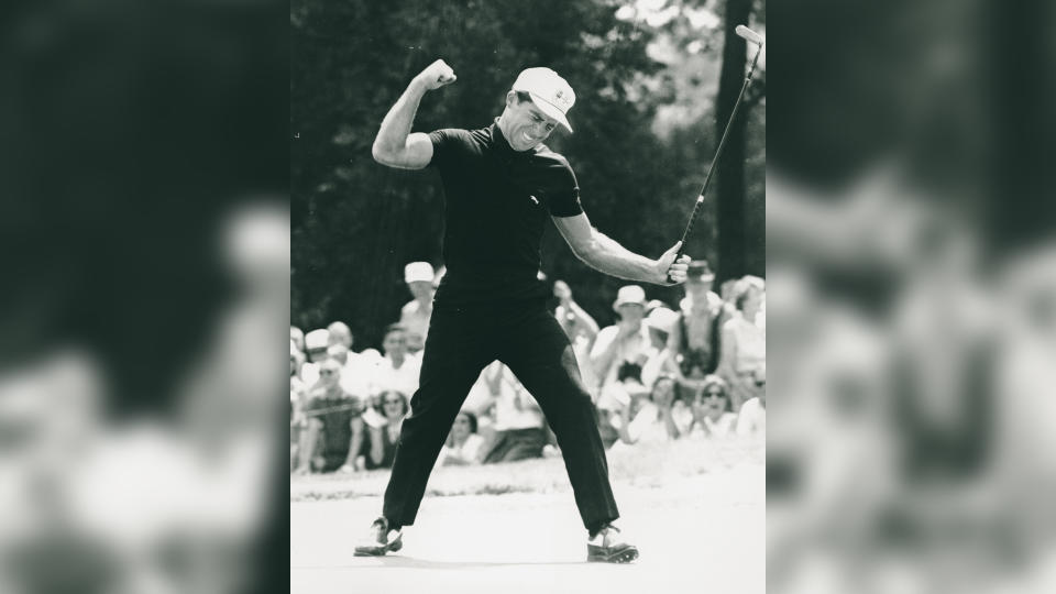 Player Gary Player reacts after he birdies the seventh hole in the final round of the 65th U.