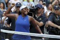 Taylor Townsend, of the United States, reacts after defeating Simona Halep, of Romania, during the second round of the US Open tennis championships Thursday, Aug. 29, 2019, in New York. (AP Photo/Kevin Hagen)