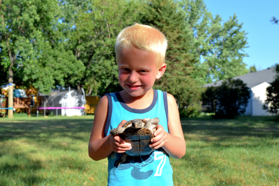 Malick Knobloch of El Paso, Texas holds his pet desert box turtle named Scoot.