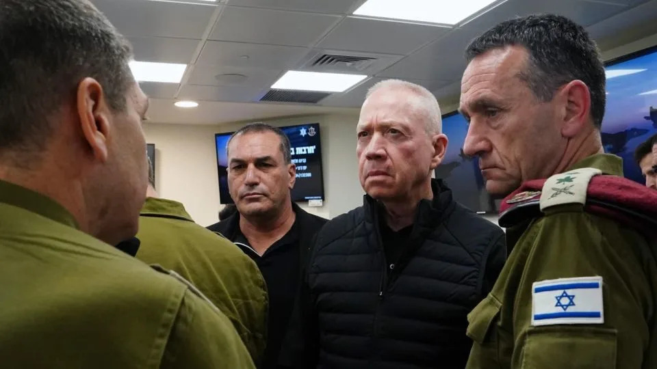 Israeli Defense Minister Yoav Gallant (second right) attends the war cabinet meeting on Sunday. - Israeli Ministry of Defense/Handout/Anadolu via Getty Images