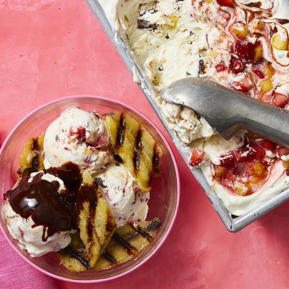 <p>Turn a banana split sundae into ice cream for a crowd, then take it up a notch and serve with caramelized grilled bananas.</p><p><em><a href="https://www.womansday.com/food-recipes/food-drinks/a27496701/no-churn-banana-split-ice-cream-recipe/" rel="nofollow noopener" target="_blank" data-ylk="slk:Get the recipe from Woman's Day »;elm:context_link;itc:0;sec:content-canvas" class="link ">Get the recipe from Woman's Day »</a></em></p>