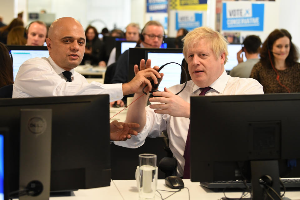 Prime Minister Boris Johnson and Chancellor Sajid Javid with other members of the Cabinet at Conservative Campaign Headquarters Call Centre, London, while on the election campaign trail.