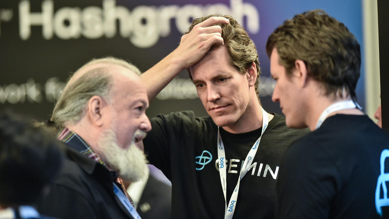 NEW YORK, NY - MAY 13: David Chaum, Tyler Winklevoss and Cameron Winklevoss attend Consensus 2019 at the Hilton Midtown on May 13, 2019 in New York City.  (Photo by Steven Ferdman/Getty Images)