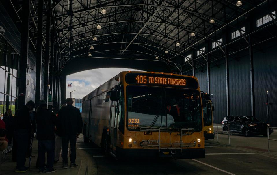 A bus waits to pick people up inside the Detroit Department of Transportation's newest transit center, the Jason Hargrove Transit Center, at the State Fairgrounds in Detroit on Saturday, May 11, 2024.