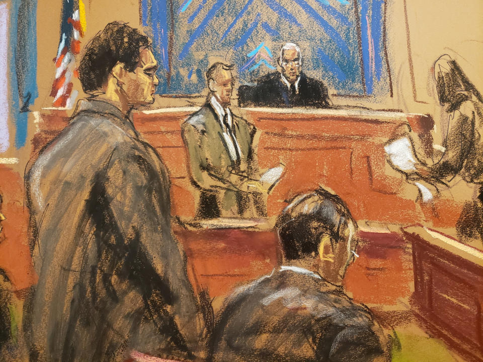 FTX founder Sam Bankman-Fried stands as the jury foreperson reads the verdict in his fraud trial over the collapse of the bankrupt cryptocurrency exchange at federal court in New York City, U.S., November 2, 2023, in this courtroom sketch. REUTERS/Jane Rosenberg