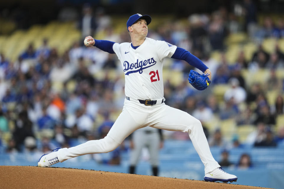 Los Angeles Dodgers starting pitcher Walker Buehler throws during the first inning of a baseball game against the Miami Marlins in Los Angeles, Monday, May 6, 2024. (AP Photo/Ashley Landis)