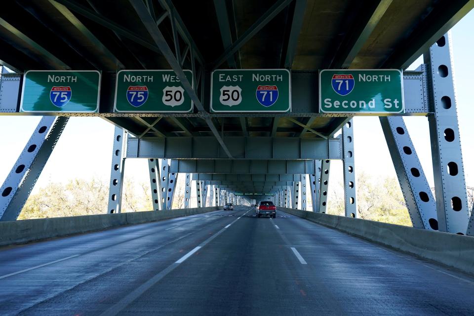 A view of the Brent Spence Bridge's northbound traffic, which connects Kentucky and Ohio.