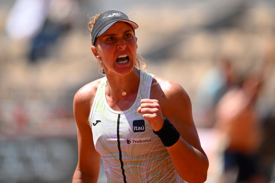 PARIS, FRANCE - JUNE 07: Beatriz Haddad Maia of Brazil celebrates a point against Ons Jabeur of Tunisia during the Women's Singles Quarter Final match on Day Eleven of the 2023 French Open at Roland Garros on June 07, 2023 in Paris, France. (Photo by Clive Mason/Getty Images)