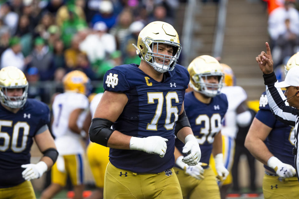 FILE - Notre Dame offensive lineman Joe Alt (76) during the second half of an NCAA college football game against Pittsburgh Saturday, Oct. 28, 2023, in South Bend, Ind. Alt is a possible first round pick in the NFL Draft. (AP Photo/Michael Caterina, File)