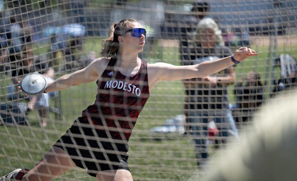 Modesto’s Julia Pedretti won the girls discus with a throw of 127’-03” in the Central California Athletic League Championships at Downey High School in Modesto, Calif., Wednesday, May 1, 2024.