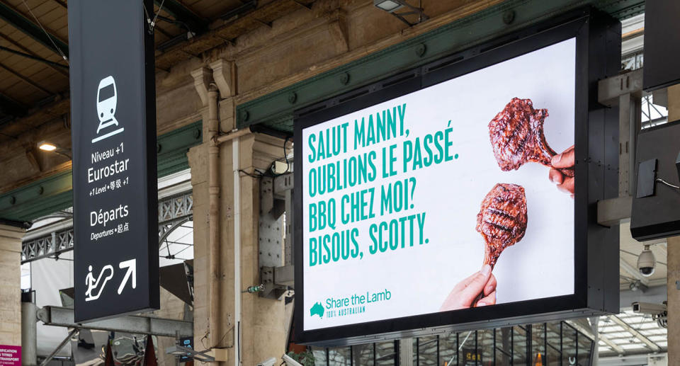 An Australian Lamb billboard in Paris is pictured, poking fun at Scott Morrison.