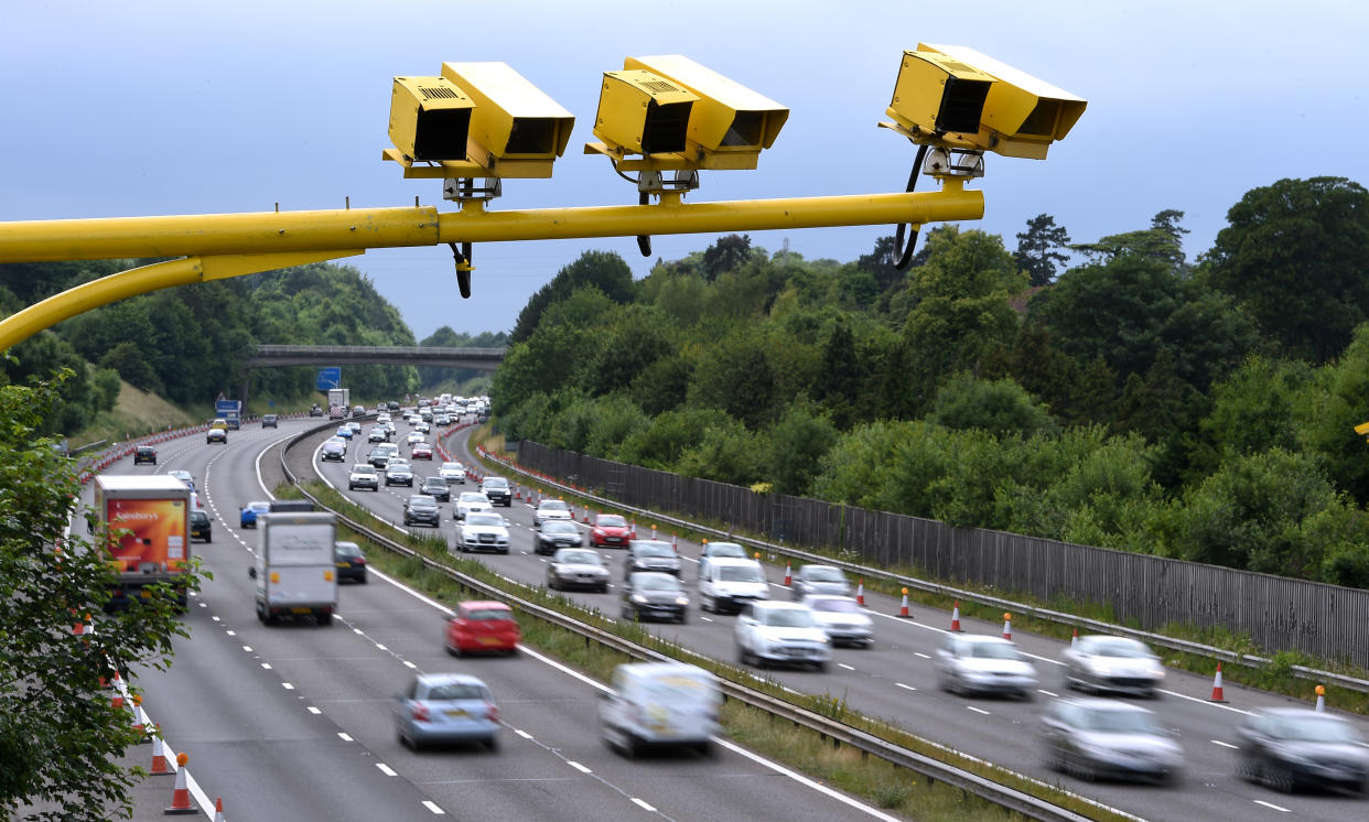 General view of three SPECS Average Speed cameras in position on the M3 motorway in Hampshire