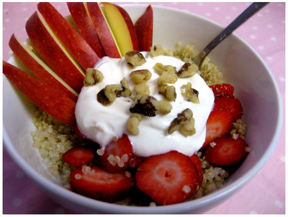 <div class="caption-credit"> Photo by: FitSugar</div><div class="caption-title">Breakfast Quinoa</div>Get a powerful hit of protein in the morning by cooking up a batch of breakfast quinoa: simply add warm quinoa to fruit, nuts, and yogurt or milk. Save time by making a big batch of quinoa on Sunday that you can quickly reheat the remainder of the week. <br>