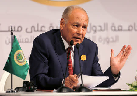 Secretary-General of Arab League, Ahmed Aboul Gheit speaks during a news conference after the 29th Arab Summit in Dhahran, Saudi Arabia, April 15, 2018. REUTERS/Hamad I Mohammed