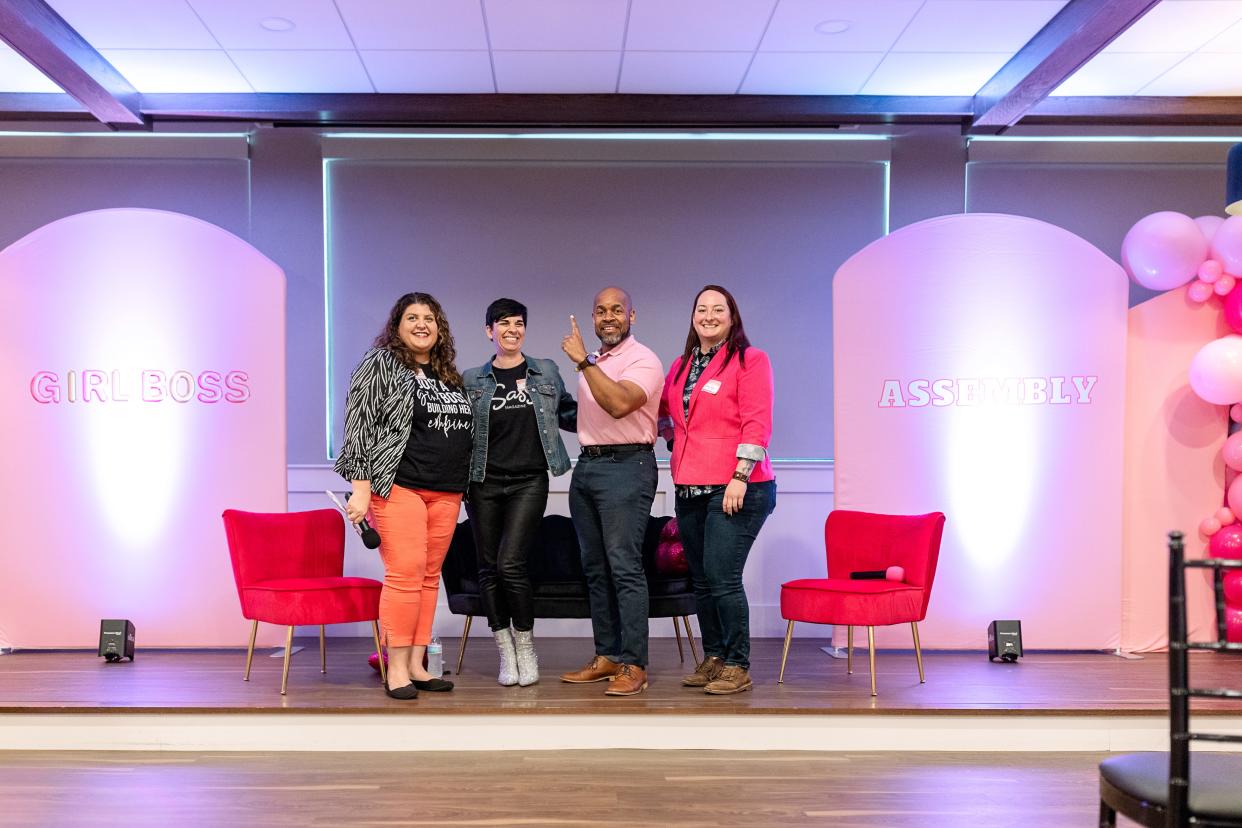 Organizer Melissa DiMercurio, left, with panelists Kim Dow, Chad Smith and Devan Zeger during the recent Girl Boss Assembly at the USMH Hospitality Center in Hagerstown.