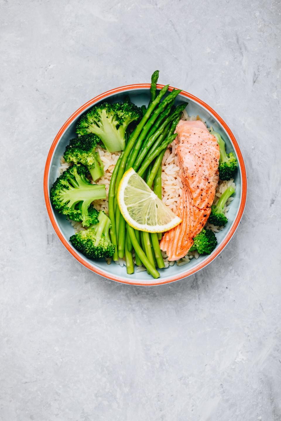 <h1 class="title">Healthy lunch bowl salmon and broccoli with asparagus and rice</h1><cite class="credit">wmaster890</cite>