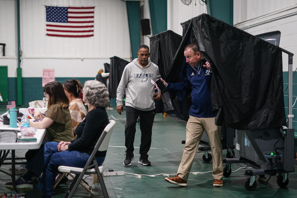 Voters step from booths after casting their ballots on election day in Philadelphia, Tuesday, Nov. 7, 2023. (AP Photo/Matt Rourke)