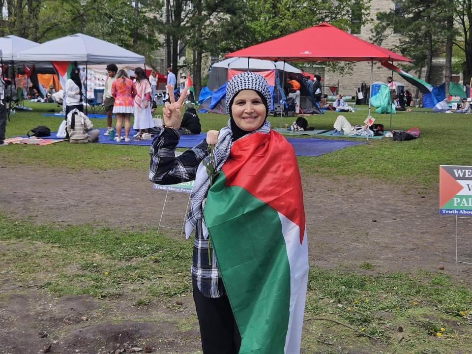 Hayfa Abdelkhaleq at a pro-Palestinian encampment set up at the University of Ottawa. Abdelkhaleq says she's always felt safe when attending pro-Palestinian protests and demonstations prior to this incident. 