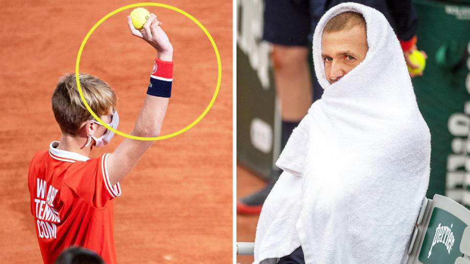 British tennis star Dan Evans (pictured right) keeping warm in cold conditions at the French Open and a ball boy (pictured left) holding a tennis ball.