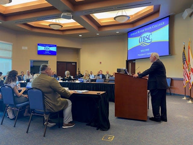 Dr. Timothy Moore, president of Indian River State College, speaks at a board of trustees meeting April 23 on the college's Okeechobee campus.