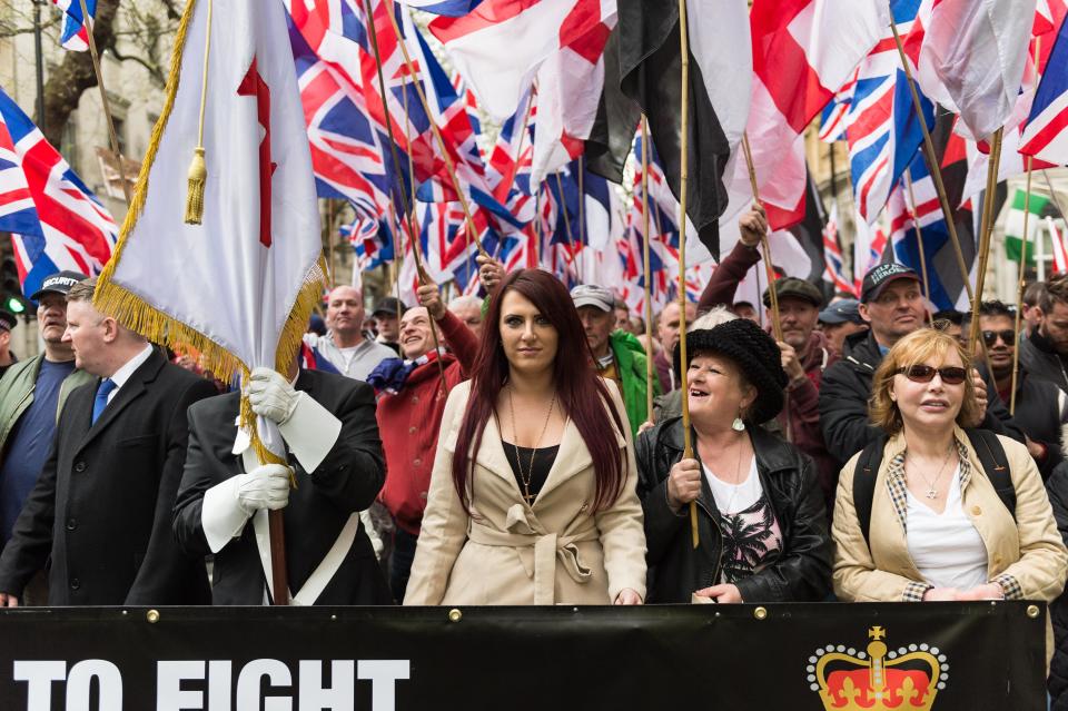 LONDON, UNITED KINGDOM - APRIL 01: Britain First Deputy Leader, Jayda Fransen (C) leads March Against Terrorism on April 01, 2017 in London, England. Supporters of far-right political movement Britain First gathered in central London to protest against Islam and Islamic terrorism in the wake of the recent Westminster terror attack. PHOTOGRAPH BY Wiktor Szymanowicz / Barcroft Images London-T:+44 207 033 1031 E:hello@barcroftmedia.com - New York-T:+1 212 796 2458 E:hello@barcroftusa.com - New Delhi-T:+91 11 4053 2429 E:hello@barcroftindia.com www.barcroftimages.com (Photo credit should read Wiktor Szymanowicz / Barcroft Im / Barcroft Media via Getty Images)