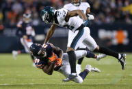 <p>Tarik Cohen #29 of the Chicago Bears is tackled by Rasul Douglas #32 of the Philadelphia Eagles in the second quarter of the NFC Wild Card Playoff game at Soldier Field on January 06, 2019 in Chicago, Illinois. (Photo by Dylan Buell/Getty Images) </p>