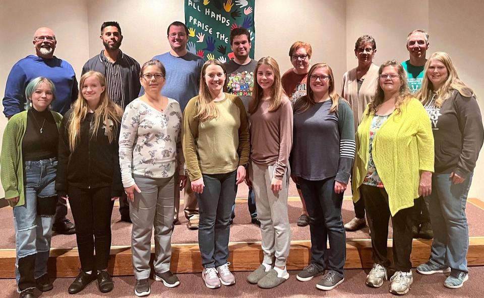 New members of the Coshocton Community Choir in the front row are Olivia Crouso, Mason Gano, Terri Phillips, Emily Blair, Dannan Stewart, Madison McWilliams, Colleen Schimmel and Cheryl Stevens. In the back row are Bryan Kittner, David McDonald, Spencer Stanley, Allen Cook, Deb Quillen, Marge Pizzino and Michael Woolery. Not pictured is Joellyn Weidman.