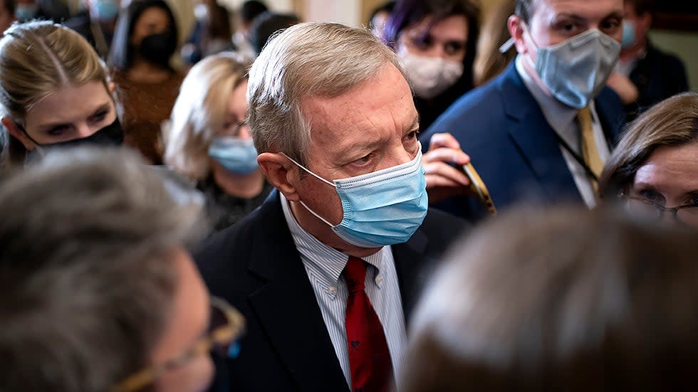 Sen. Richard Durbin (D-Ill.) addresses reporters after the weekly Senate Democratic policy luncheon on Tuesday, November 30, 2021.