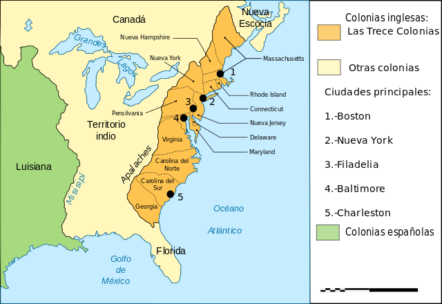 Mapa de Norteamérica y las Trece Colonias (imagen vía Wikimedia commons)