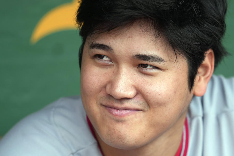 FILE - Los Angeles Angels' Shohei Ohtani before a baseball game against the Oakland Athletics in Oakland, Calif., Saturday, Sept. 2, 2023. Shohei Ohtani has been named The Associated Press' Male Athlete of the Year for the second time in three years. (AP Photo/Jeff Chiu, File)