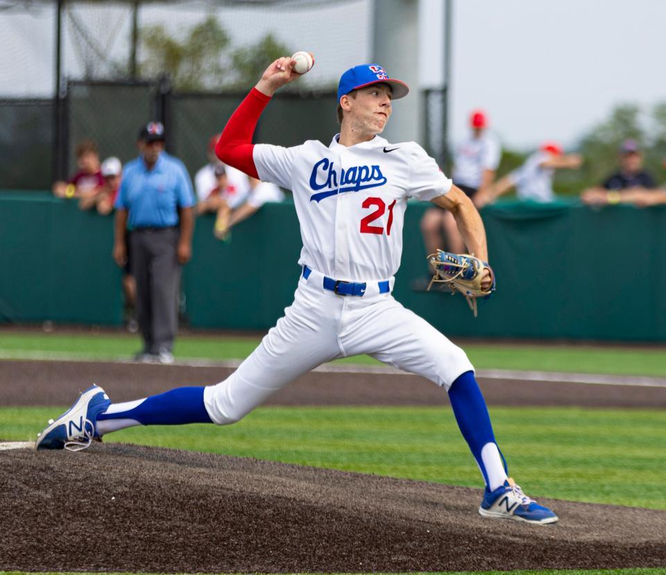 Westlake Chaparrals pitcher Jack Brady (21) held the Round Rock Dragons to one run at the Class 6A regional quarterfinal baseball playoff on Saturday, May 20, 2023, at the Tornado Baseball Field at Concordia University.