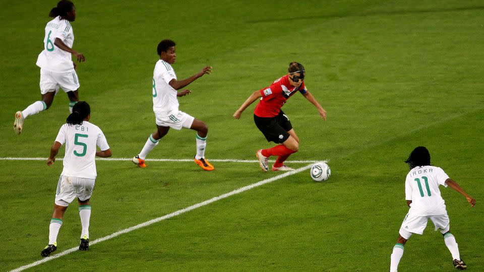 Sinclair in action during the FIFA Women's World Cup 2011 Group A match between Canada and Nigeria. - Scott Heavey/Getty Images