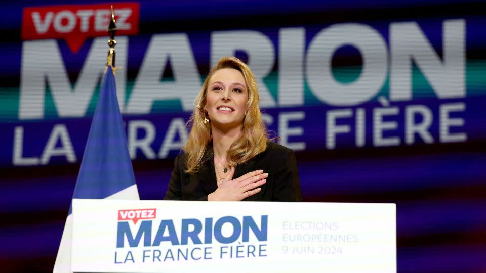 French far right party Reconquete!'s head of list for June's European Parliament elections Marion Marechal gestures as she addresses the party's campaign launch meeting at Le Dome de Paris - Palais des Sports arena in Paris on March 10, 2024. - Emmanuel Dunand/AFP/Getty Images