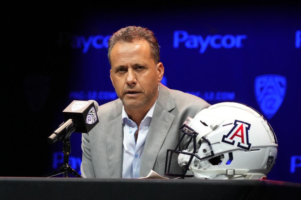 Jul 29, 2022; Los Angeles, CA, USA; Arizona Wildcats coach Jedd Fisch speaks during Pac-12 Media Day at Novo Theater. Mandatory Credit: Kirby Lee-USA TODAY Sports