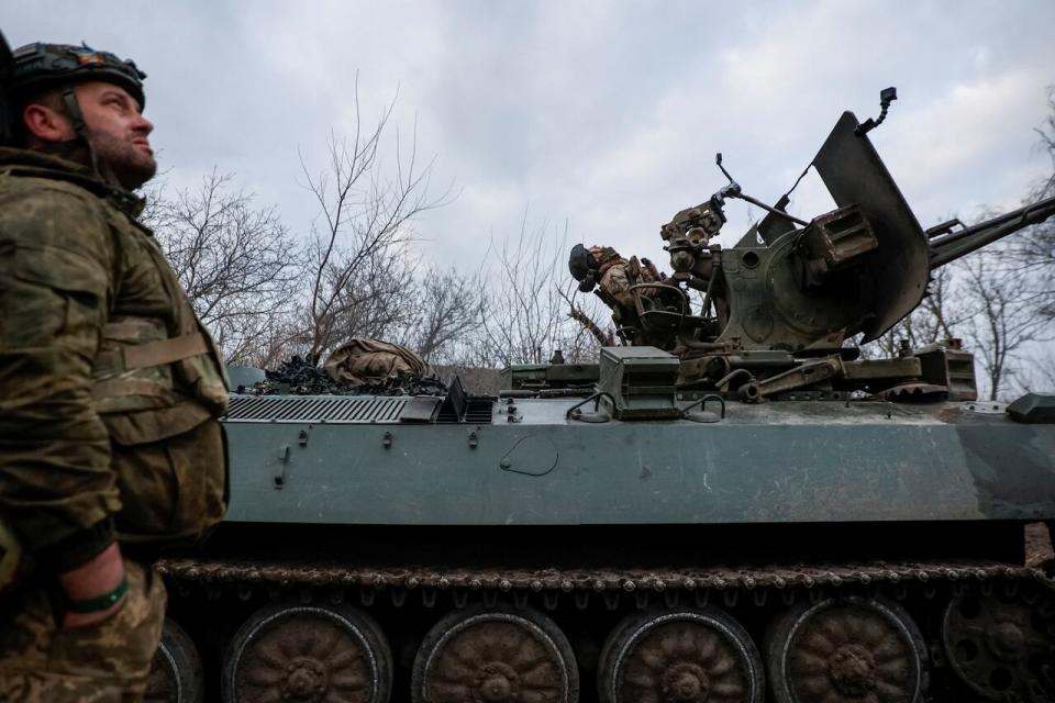 Ukrainian servicemen from air defence unit of the 93rd Mechanized Brigade monitor a sky at a frontline, amid Russia's attack on Ukraine, near the town of Bakhmut, Ukraine March 6, 2024.