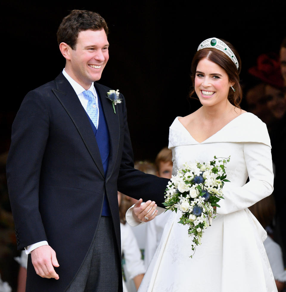 WINDSOR, UNITED KINGDOM - OCTOBER 12: (EMBARGOED FOR PUBLICATION IN UK NEWSPAPERS UNTIL 24 HOURS AFTER CREATE DATE AND TIME) Jack Brooksbank and Princess Eugenie leave St George's Chapel after their wedding ceremony on October 12, 2018 in Windsor, England. (Photo by Pool/Max Mumby/Getty Images)