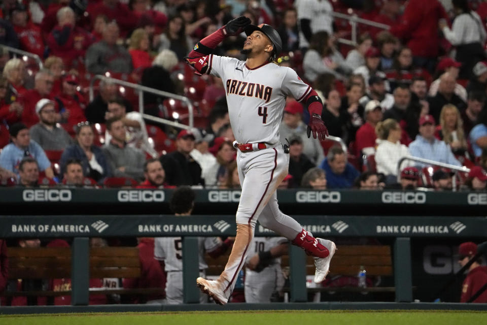 Arizona Diamondbacks' Ketel Marte rounds the bases after hitting a solo home run during the seventh inning of a baseball game against the St. Louis Cardinals Monday, April 17, 2023, in St. Louis. (AP Photo/Jeff Roberson)