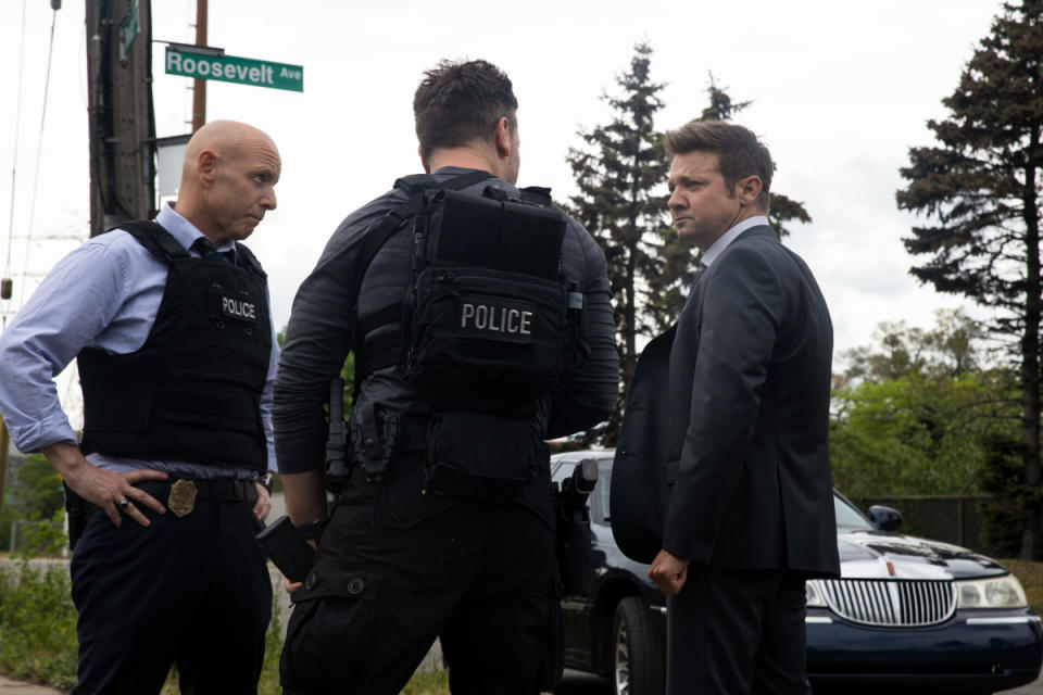 Hugh Dillon and Jeremy Renner in “Mayor of Kingstown” - Credit: Emerson Miller / ViacomCBS