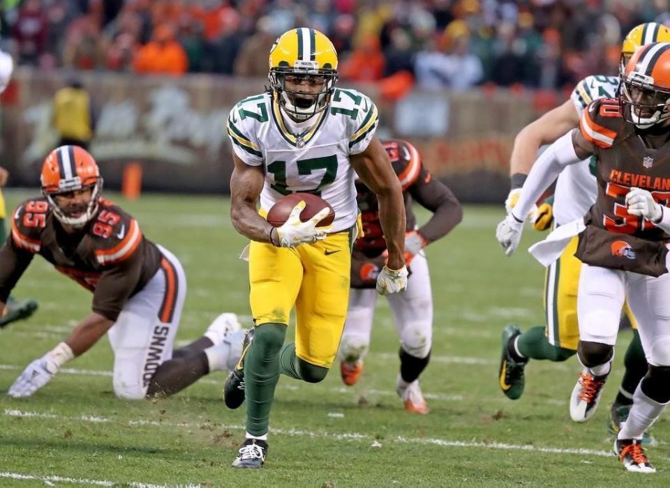 Packers wide receiver Davante Adams (17) runs for the winning touchdown in overtime against the Cleveland Browns on Dec. 10, 2017, at FirstEnergy Stadium in Cleveland.