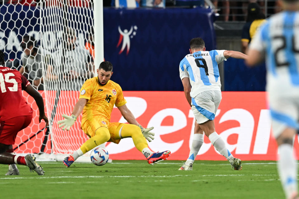 EAST RUTHERFORD, NEW JERSEY - JULY 9: Julian Alvarez #9 of Argentina scores a goal past Maxime Crepeau #16 of Canada during the Copa America 2024 semifinal match between Argentina and Canada at MetLife Stadium on July 9, 2024 in East Rutherford, New Jersey. (Photo by Stephen Nadler/ISI Photos/Getty Images)