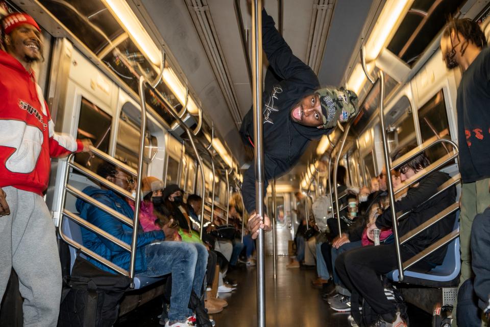 Dashawn Martin, who dances as Moe Black, performs on subway in New York City on Wednesday, November 16, 2022.