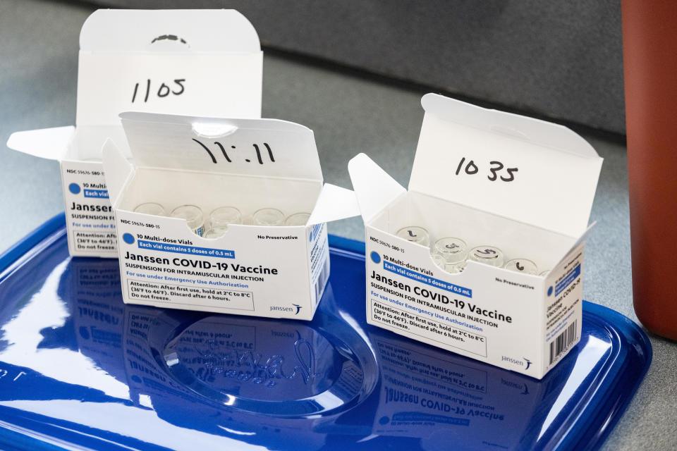 Boxes of the Covid-19 Johnson & Johnson Janssen vaccine are ready to be distributed as part of a collaborative effort from the West Virginia National Guard, FamilyCare Health Centers and Toyota to vaccinate Toyota employees on March 26, 2021 on the grounds of the Toyota plant in Buffalo, West Virginia.  / Credit: STEPHEN ZENNER / Getty Images