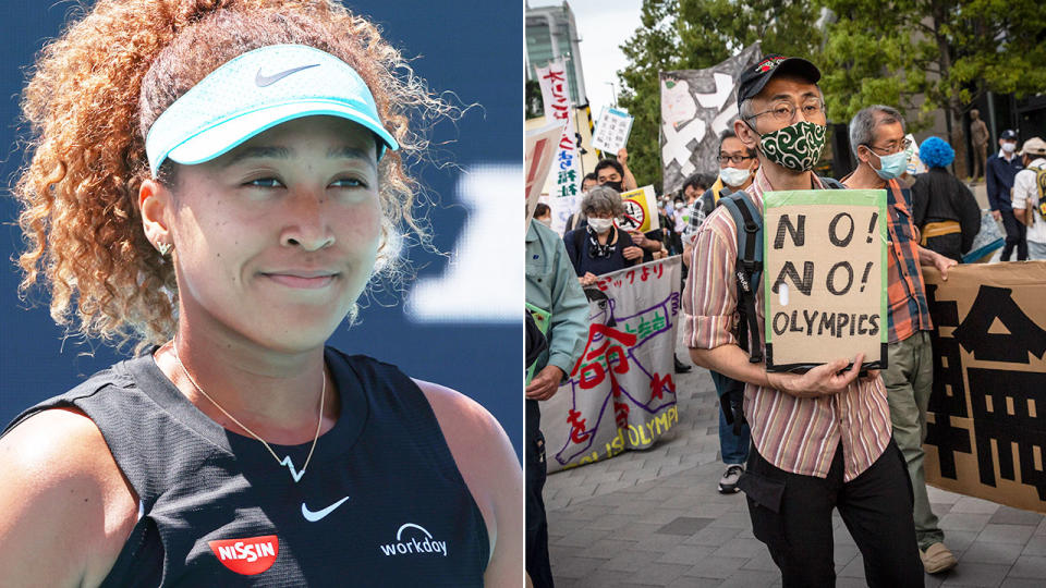 Naomi Osaka is seen on the left with Tokyo Olympic Games protesters on the right.