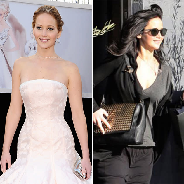 <b>Jennifer Lawrence</b> was the <a href="http://movies.yahoo.com/blogs/2013-oscars/running-diary-jennifer-lawrence-super-charming-oscar-press-182330493.html" data-ylk="slk:darling of the Oscars;elm:context_link;itc:0;sec:content-canvas;outcm:mb_qualified_link;_E:mb_qualified_link;ct:story;" class="link  yahoo-link">darling of the Oscars</a>, even when her gown caused her to take a spill on the way to accept her award. <br> By the next day, Jennifer Lawrence was wearing velvet Dolce & Gabbana slippers and a casual dress. The biggest change? She had stopped at Rossano Ferretti Hair Salon and went from a <a href="http://omg.yahoo.com/blogs/celeb-news/jennifer-lawrence-post-oscars-makeover-she-brunette-again-171623929.html" data-ylk="slk:blonde to a brunette;elm:context_link;itc:0;sec:content-canvas;outcm:mb_qualified_link;_E:mb_qualified_link;ct:story;" class="link  yahoo-link">blonde to a brunette</a> in preparation for “The Hunger Games: Catching Fire.”