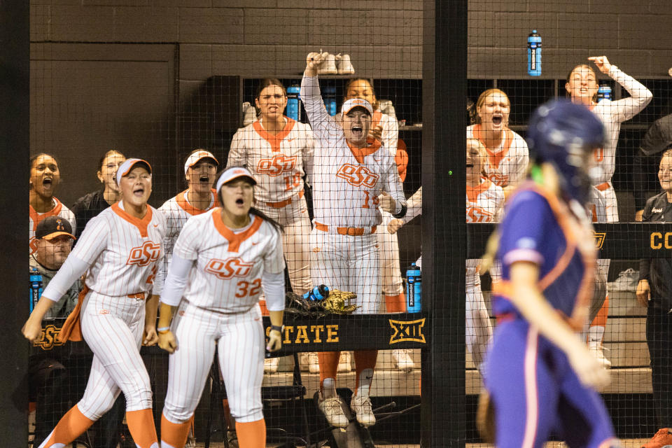 The Oklahoma State Cowgirls cheer after Chelsea Alexander scores in a 2-0 win against Clemson on Thursday night.