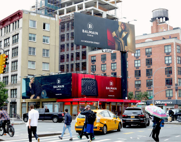 <em>Balmain billboards in Soho, New York City. Photo: Courtesy of Skyline Outdoor Media</em>