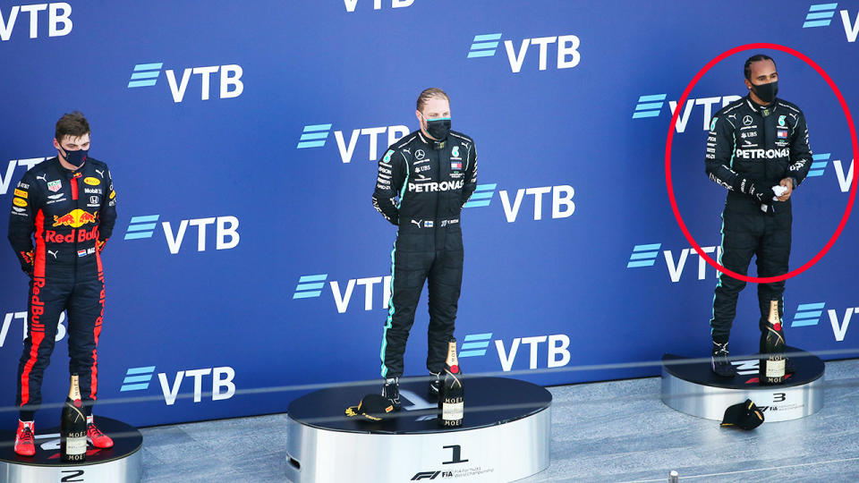 Lewis Hamilton, pictured here after finishing third in the Russian Grand Prix.