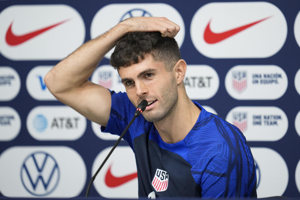 Christian Pulisic of the United States attends a press conference before a training session at Al-Gharafa SC Stadium, in Doha, Thursday, Dec. 1, 2022. (AP Photo/Ashley Landis)